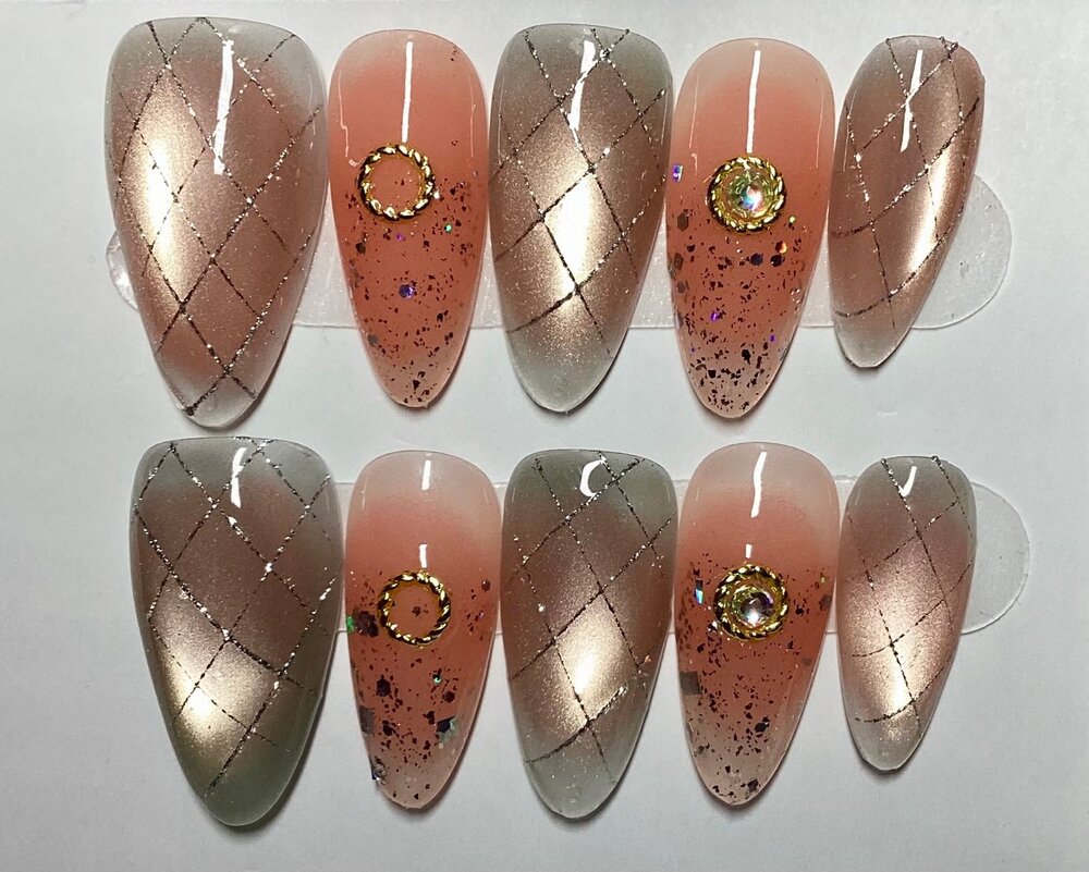 Autumn Rose Gold Cat Eye Peach Glitter Handmade Almond Press-On Nails Large